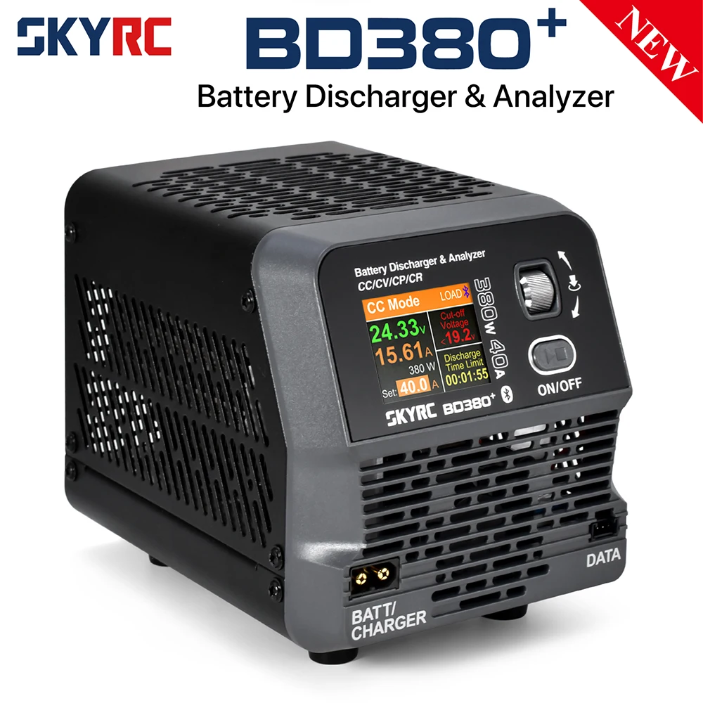 Interface de l'analyseur de décharge de batterie SkyRC BD380+ montrant les modes de décharge et les réglages Bluetooth.
