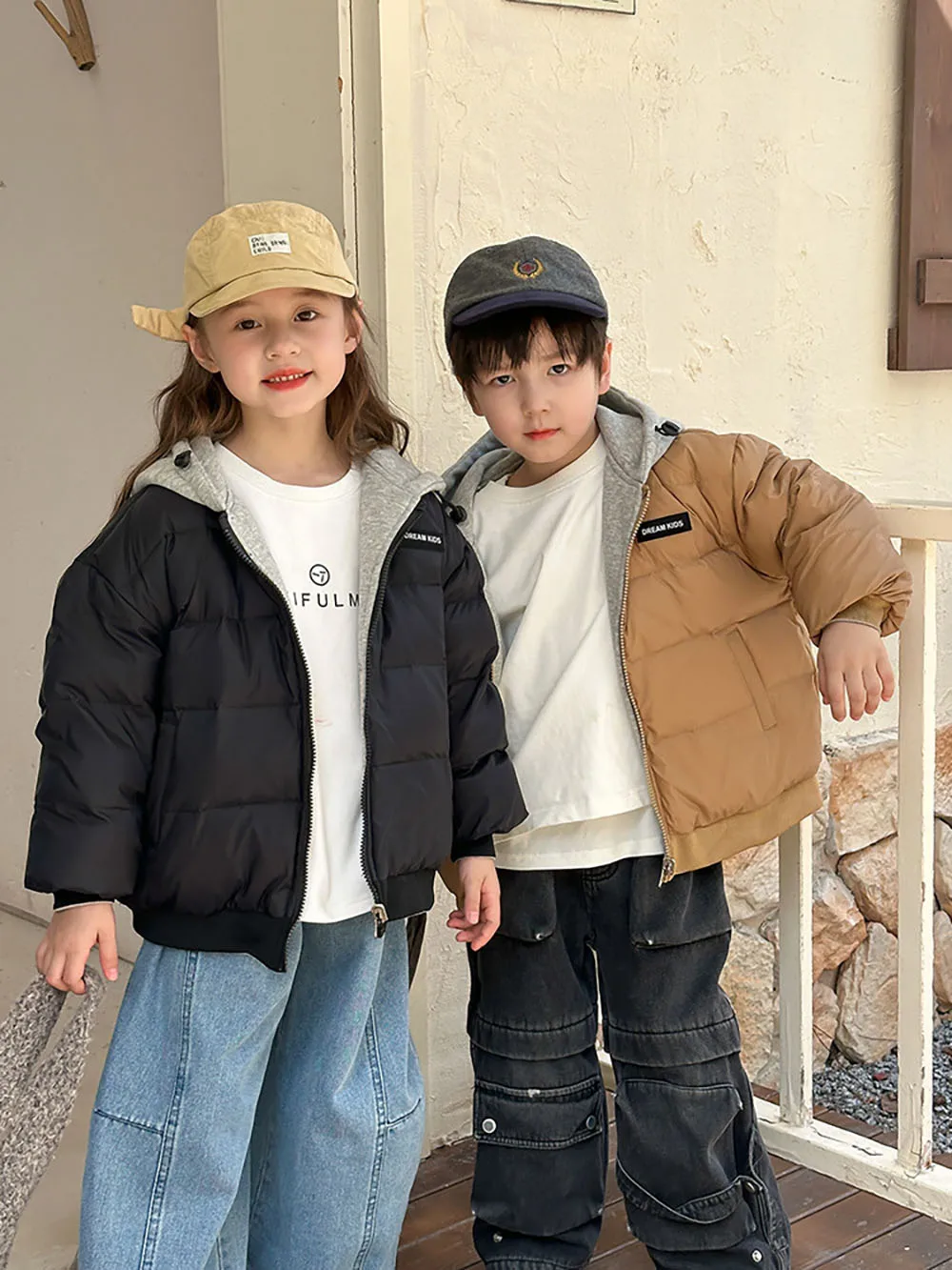 Children Down Coat For Winter Thick Warm Padded Clothes Solid Color Casual Hooded Coat Two-sides Use Boy's Girl's Down Jacket