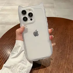 Adorable 3D Cat Ear Kawaii Phone Case - Soft Matte Transparent Cover - iPhone 12 Pro Max (WHITE)