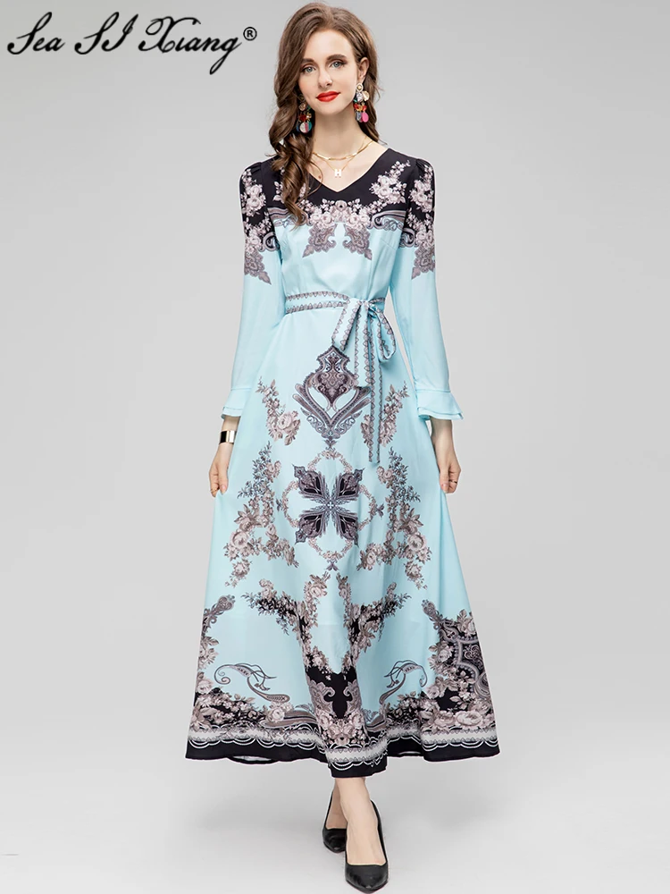 

Seasixiang Fashion Designer Early Autumn Long Dress Women V-Neck Flare Sleeve Lace-up Floral Print Vintage Party Dresses