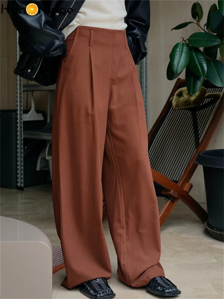 HanOrange 2024 Spring Slant Front High Waist Straight Pants Women Loose Casual Trousers Female Black/Dark Red tote 100% cotton straight skinny mid waist slant twist stitch loose casual jeans 2022 summer new free shipping