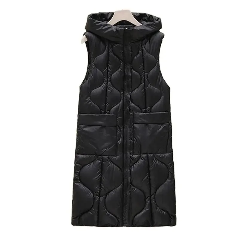 

Winter Autumn New Long Hooded Big Pocket Plus Size 2XL Vest Sleeveless Coat Cotton Dwon Warm Thick Jacket Outerwear
