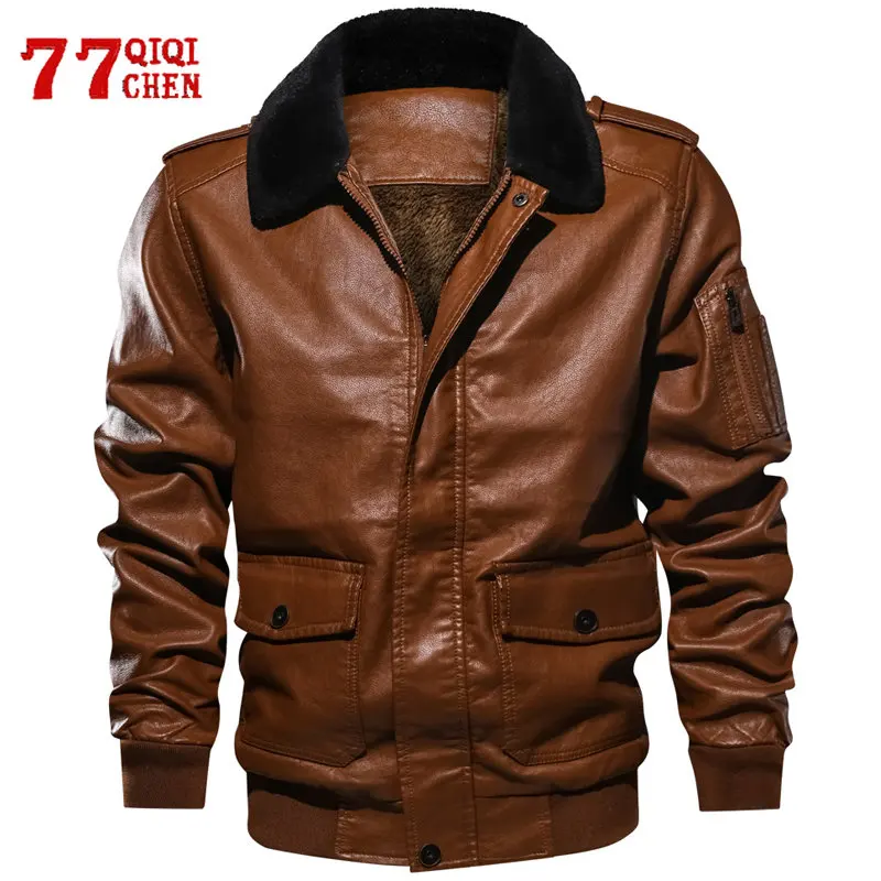 

Winter Faux Leather Jackets Men Fur Collar Zipper Pockets Motorcycle Jacket Vintage Biker Slim Fit Tactical Coat Male Plus Size