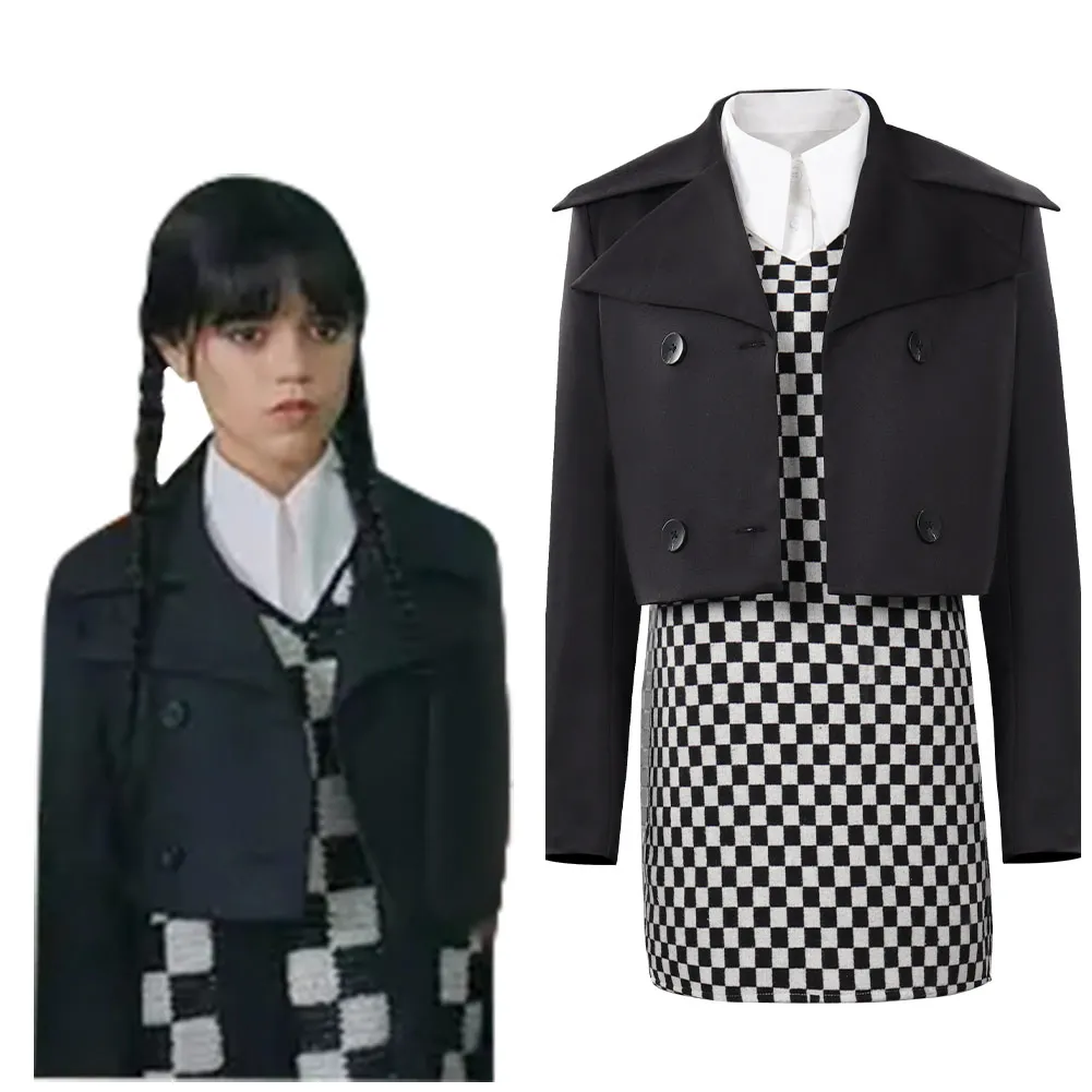 

Wednesday Addams Wednesday Cosplay Costume Black-and-white Grid Dress Outfits Halloween Carnival Suit