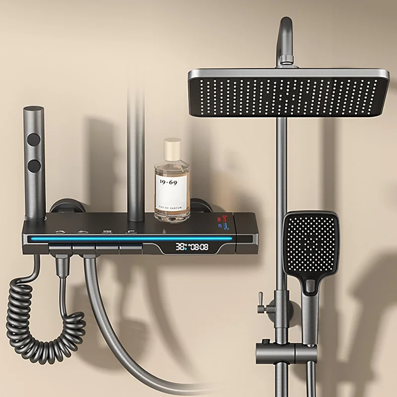 ชุดฝักบัวร้อนเย็นก๊อกน้ำอุณหภูมิจอแสดงผลดิจิตอลห้องน้ำติดผนัง 4 โหมดระบบฝักบัวเรนชาวเวอร์ฝักบัวคอลัมน์ 1