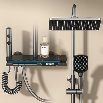 ชุดฝักบัวร้อนเย็นก๊อกน้ำอุณหภูมิจอแสดงผลดิจิตอลห้องน้ำติดผนัง 4 โหมดระบบฝักบัวเรนชาวเวอร์ฝักบัวคอลัมน์ 1