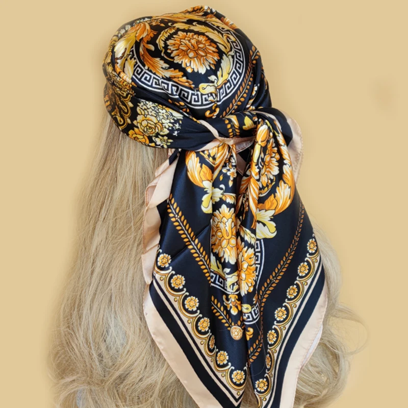 

90*90cm Silk Scarves Women Print Foulard Satin Square Head Hijab Ladies Luxury Brand Shawl Bandanna Female Muffler chiffen wrap