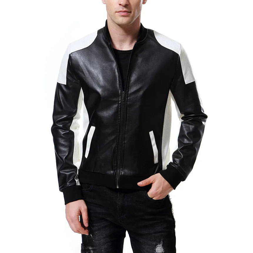 

Men's Black White Stitching Leather Jacket Male Motorcycle Bomber Coat Winter Autumn Clothing Trench Oversize Steampunk Biker