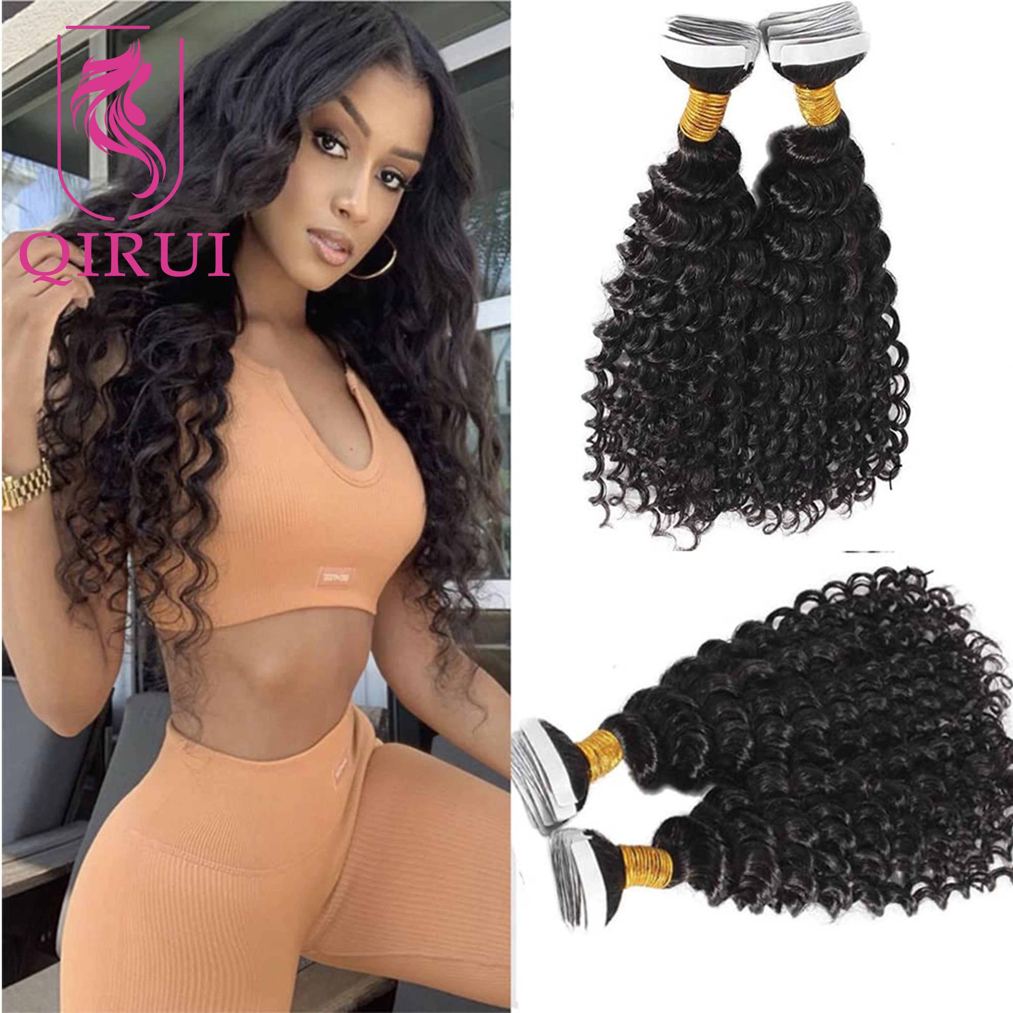 

8-30Inch Deep Curly Tape In Human Hair Extension Skin Weft Adhesive Invisible Peruvian Remy Hair Tapes In Curly 40Pcs 100g