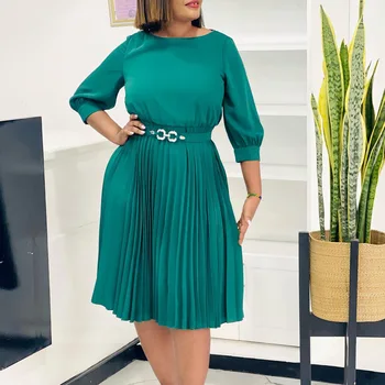 Elegante abito plissettato midi a linea A per donna O collo maniche a tre quarti cintura in vita elegante ed elegante abbigliamento da ufficio per chiesa da sera