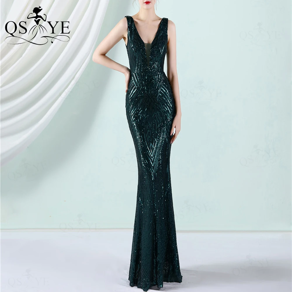 black formal gown Pattern Lace Black Evening Dresses Mermaid Sequin Prom Gown V neck Sleeveless Party Gown Open Low Back Fitted Black Formal Dress black evening dresses