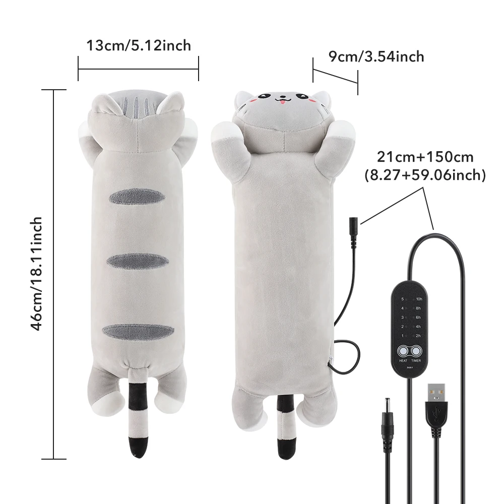 Heated Cat Plush Pillow, USB Rechargeable Warming Cushion with 5 Heat Levels & 5 Timers, Cozy Cute Gift for Her, Home Office Bed