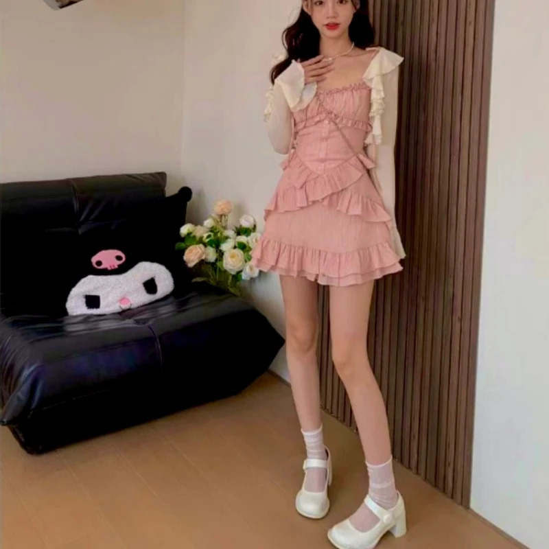 

Y2k Fairycore Sweet Pink Dress Women Korean Fashion Kawaii Cute Ruffles Bandage Slim Bodycone Sleeveless Mini Summer Long Dress