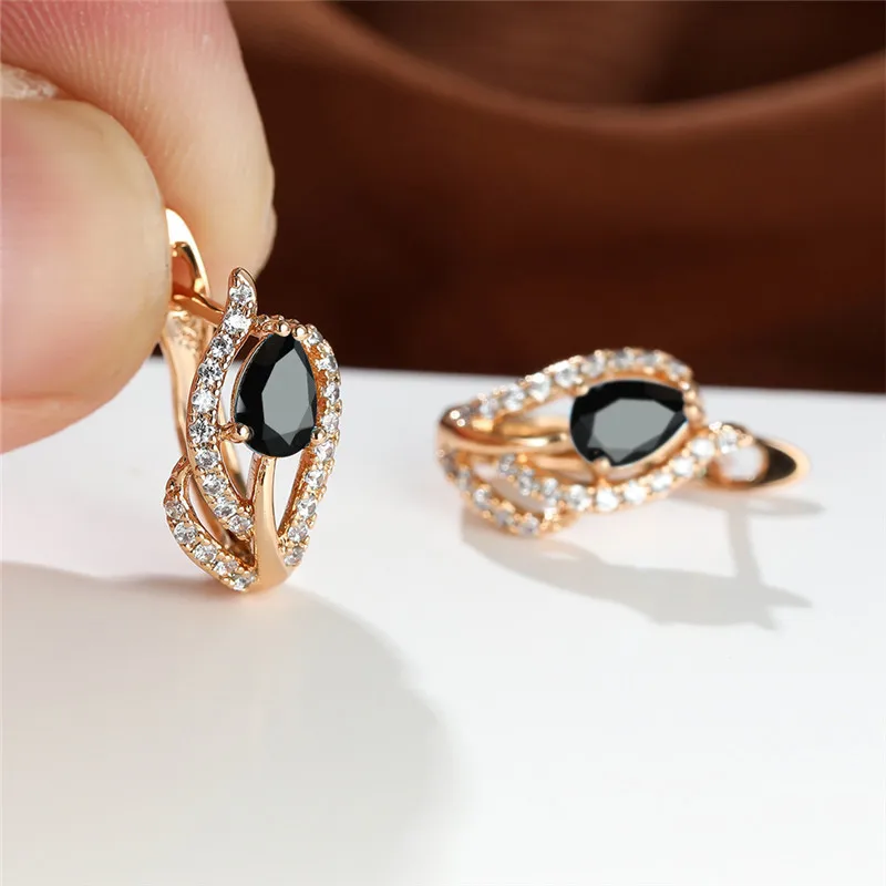 Charm Female Pink Blue Zircon Stone Flower Clip Earrings For Women Gold Color Water Drop Wedding Jewelry