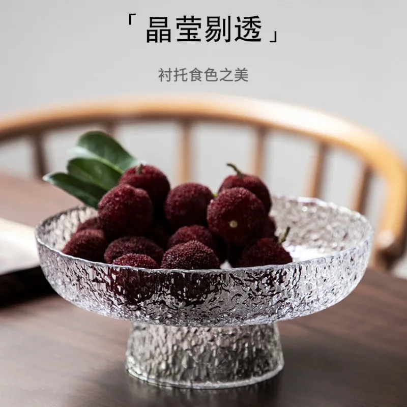 Hammered Pattern Glass round Exquisite Fruit Plate High-Grade Japanese Snacks Tray Minimalist Creative High-Legged Tea Plate 3
