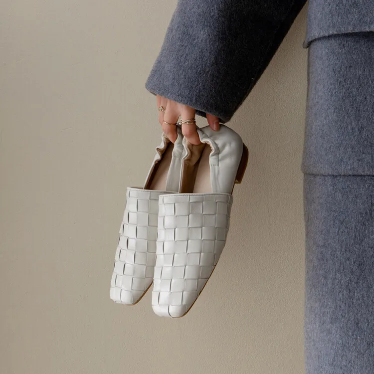 

Soft Skin Woven Square Toe Shallow Loafers Solid Color Inside and Outside Full Leather Flats High Quality Rubber Sole Women Shoe