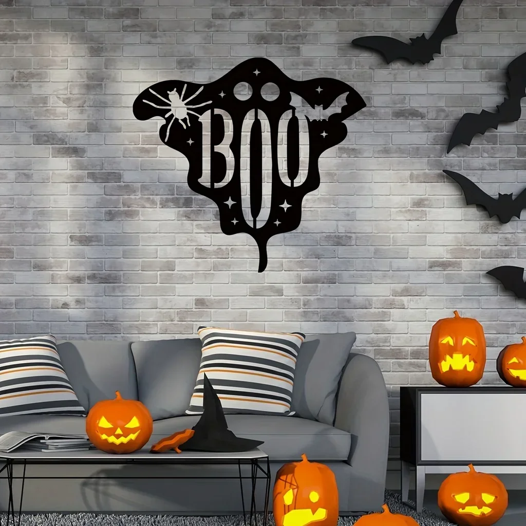 

Metal Iron Halloween Boo Ghost Sign for Front Door Decor, Spooky Spider Door Hanger for Outdoor Outside Porch, Funny Metal Party