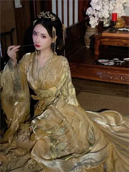 A heavy industry Warring States Period robe with straight skirt style and embroidered golden Hanfu set