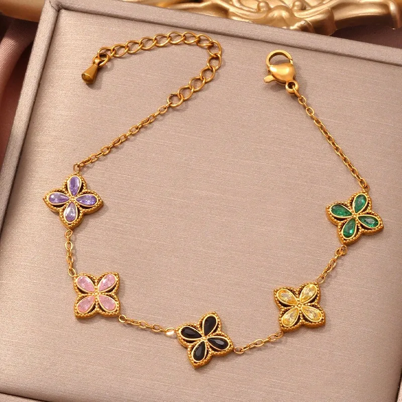 18K Gold Clover Bracelet For Women - Adjustable Lucky Four Leaf Charm Bracelet