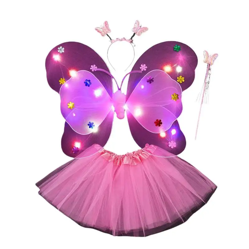 Fairy Wings for Girls 4PCS Butterfly Fairy Costume Glowing Wings Tutu Skirt Wand Headband Fancy Dress Set for Girls 3-8 Butterf