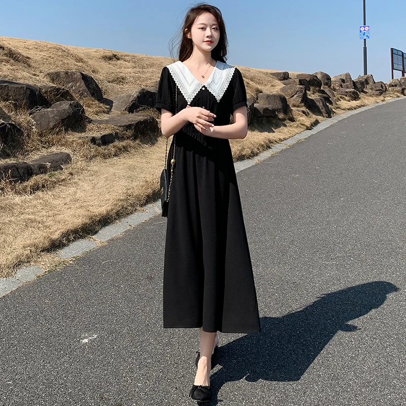 

Women's French-Style Short-Sleeved Chiffon Dress, Black, Elegant Figure Flattering Dress