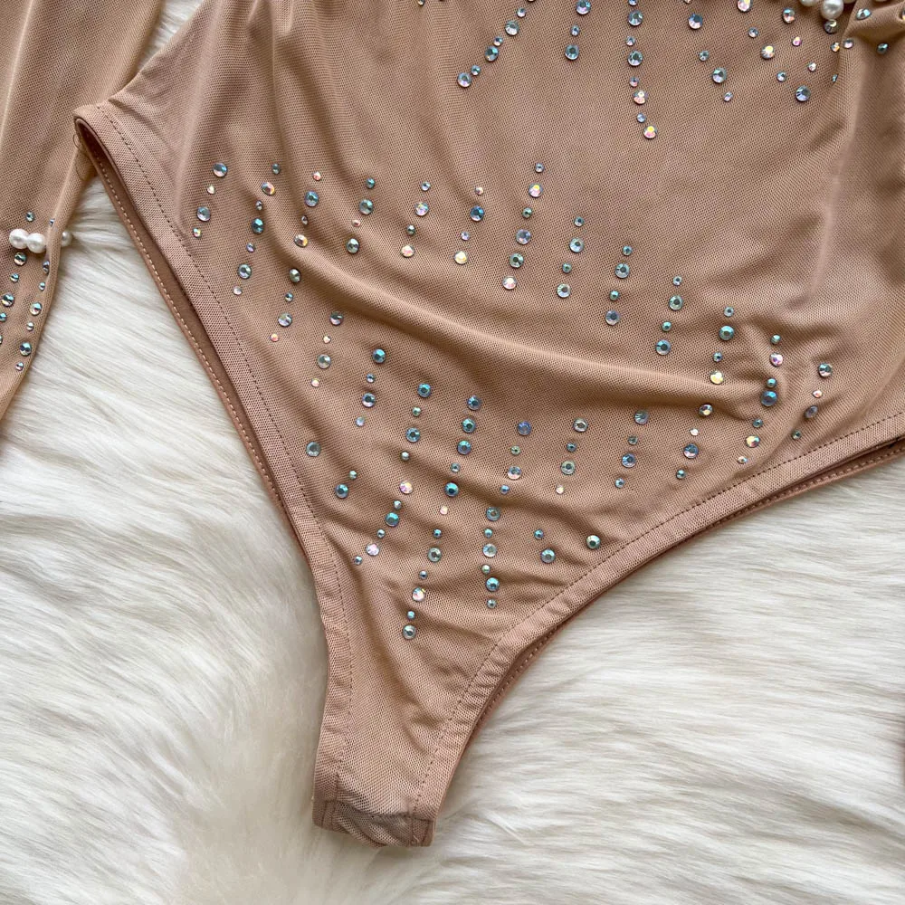 2024 Fashion Design Beaded Sequins Light Luxury High-End Jumpsuit Women's Thin Temperament Slimming Inner Trendy Long Sleeve Top