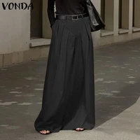 VONDA Plus Size Skirts Women Elegant High Waist Pleated Pockets Maxi Jupes Fashion Solid Party Streetwear Long Faldas Saia 5XL