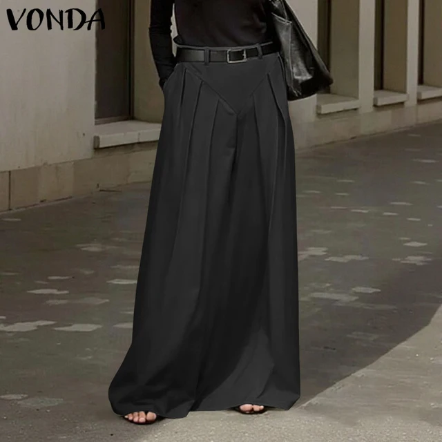 VONDA Plus Size Skirts Women Elegant High Waist Pleated Pockets Maxi Jupes Fashion Solid Party Streetwear Long Faldas Saia 5XL