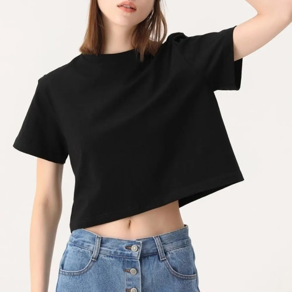 U Neck Ultra Short T-Shirt Streetwear Solid Color Korean Short Tops Basic T-shirt Korean Style Black White Crop Top Lady