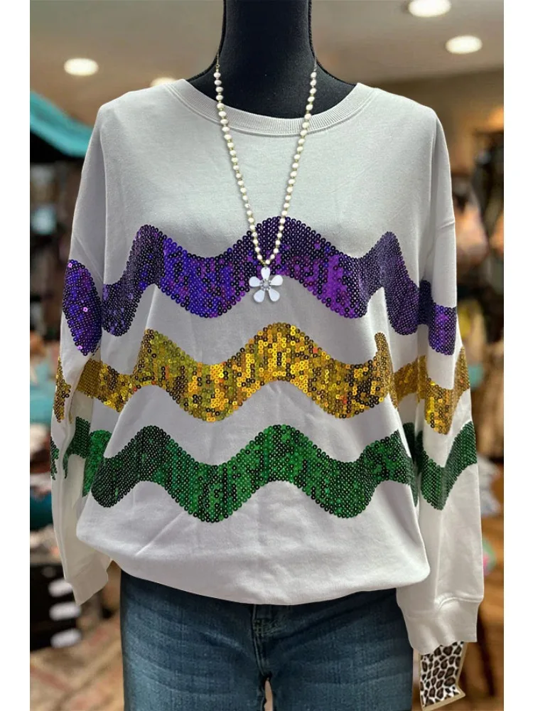 

Wavy Sequins Mardi Gras Sweatshirt Mardi Gras Sequin Wave Pullover Long Sleeve Sweatshirt For Spring 2024