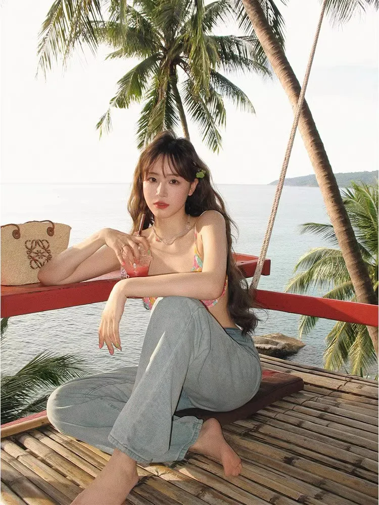 Summer 2024 Fresh Floral Pleated Bikini Suit Seaside Hot Girl Holiday Sexy Swimsuit Feminine Beachwear Bikini Two-Piece Set