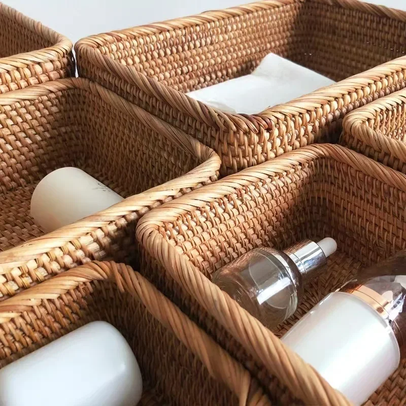 Hand-woven Rattan Wicker Basket Fruit Tea Snack Bread Basket Cosmetic Rectangular Storage Box Household Kitchen Supplies 6