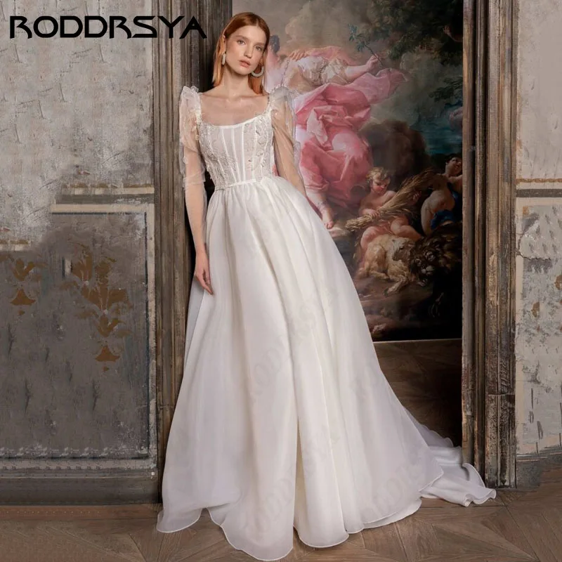 

RODDRSYA Long Sleeve Square Collar Wedding Dress Organza Lace A-line Princess vestido boda civil Backless Custom Made For Bride