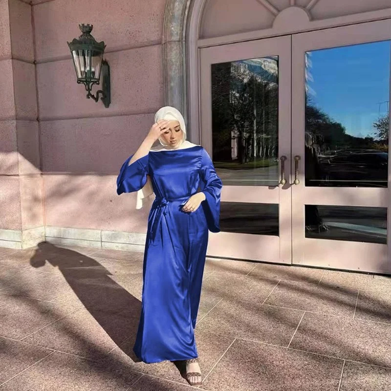 

Women's Solid Color Satin Dress, Double Layer, Flare Sleeve, Middle East, Muslim, European and American, New, 2023