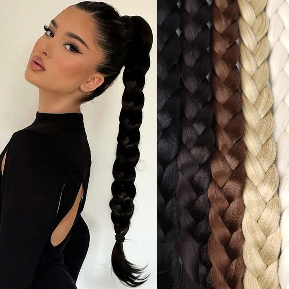 Queue De Cheval Haute Tresse Extension synthétique longue queue de cheval tressée 34 pouces pour femmes,  queue de cheval noire brune avec corde à cheveux en Fiber haute température  | AliExpress