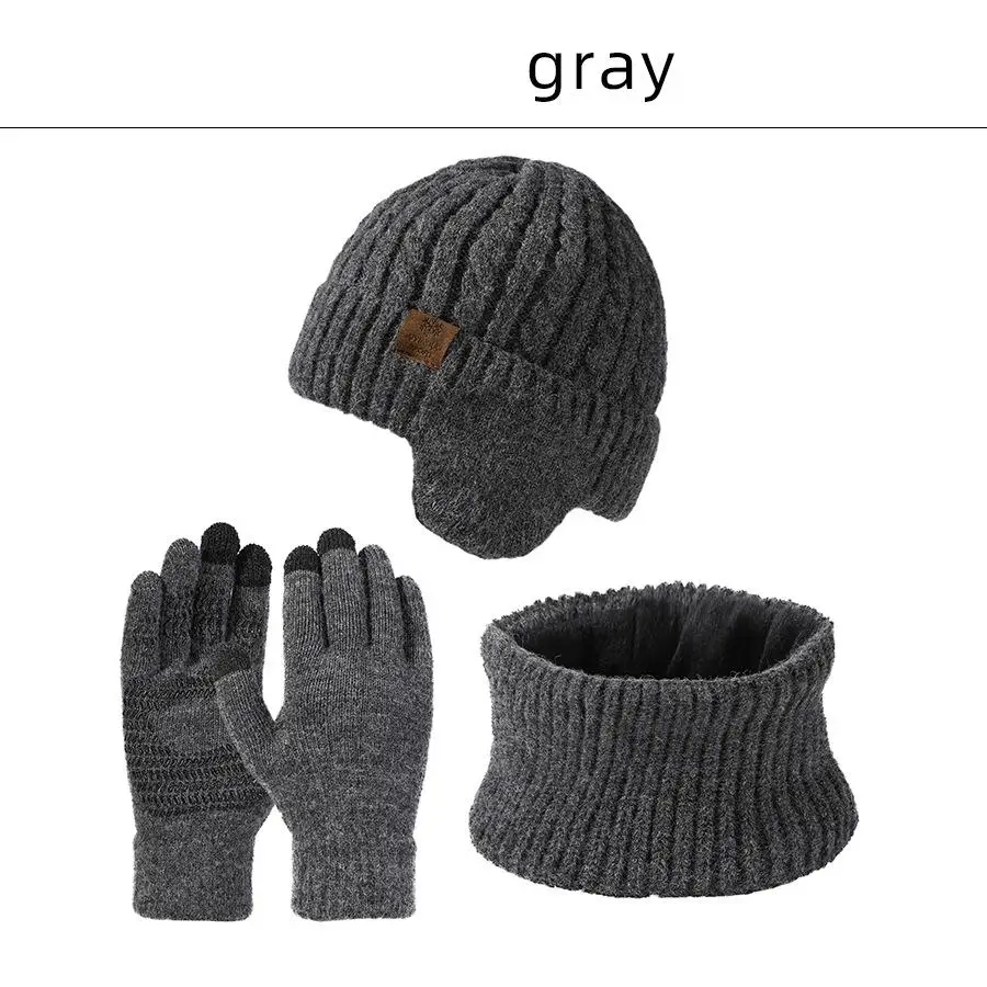 Men\'s Hat and scarf Gloves Set three Pieces for Men Winter Knitted Beanie Hats Thick Warm Hat scarf Glove Set Outdoor Windproof