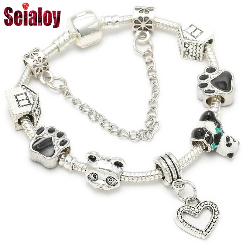 Cute Panda Charm Bracelet For Women Plated Black White Murano Glass Beads Silver Color Brand Bracelet Girls Jewelry Gift bracelet jewelry