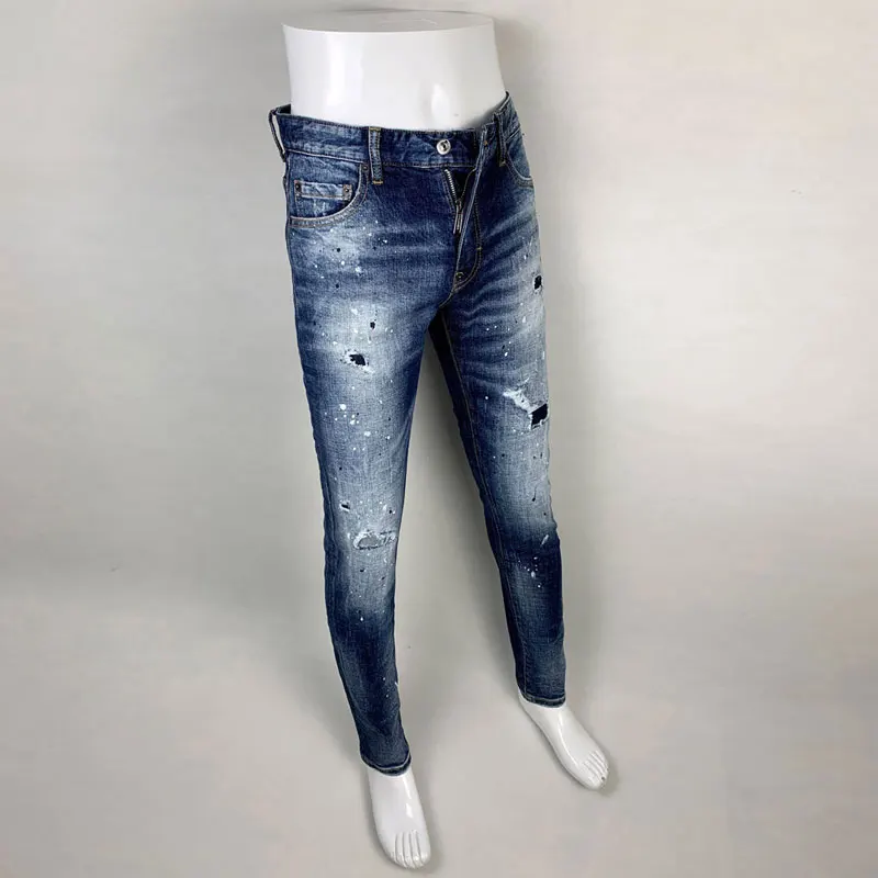 High Street Fashion Men Jeans Retro Blue Stretch Skinny Fit Painted Ripped Jeans Men Patched Designer Hip Hop Brand Pants Hombre
