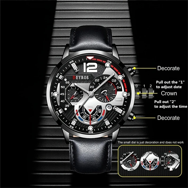 Fashion Men Leather belt Quartz Watches Round Dial Casual Calendar Bracelet Wristwatch Luminous Clock