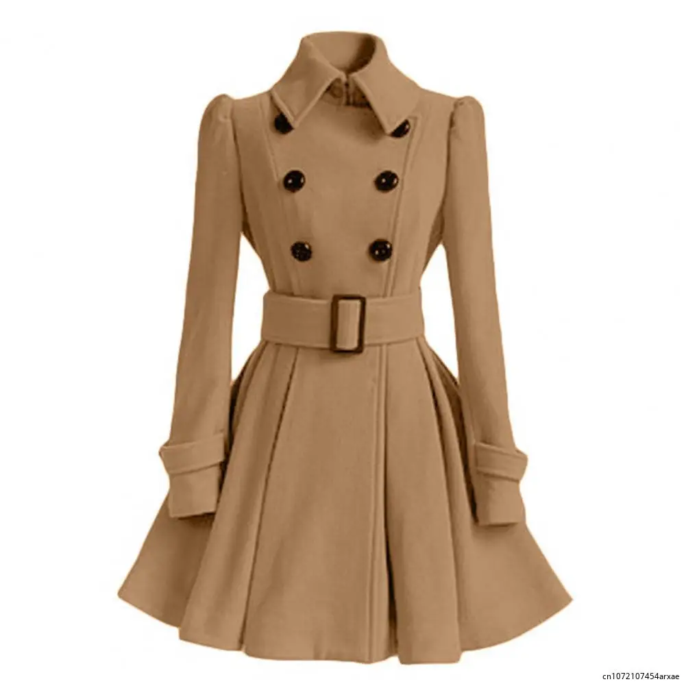 

Women Winter Coat Thick Midi Length Solid Color Double-breasted Lapel Keep Warm A-line Loose Hem Tight Waist Lady Dress Jackets