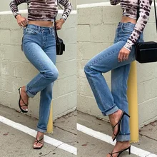 

High Waist Breasted Straight Leg Jeans Women Irregular Fashion Women Jeans High Waisted Jeans