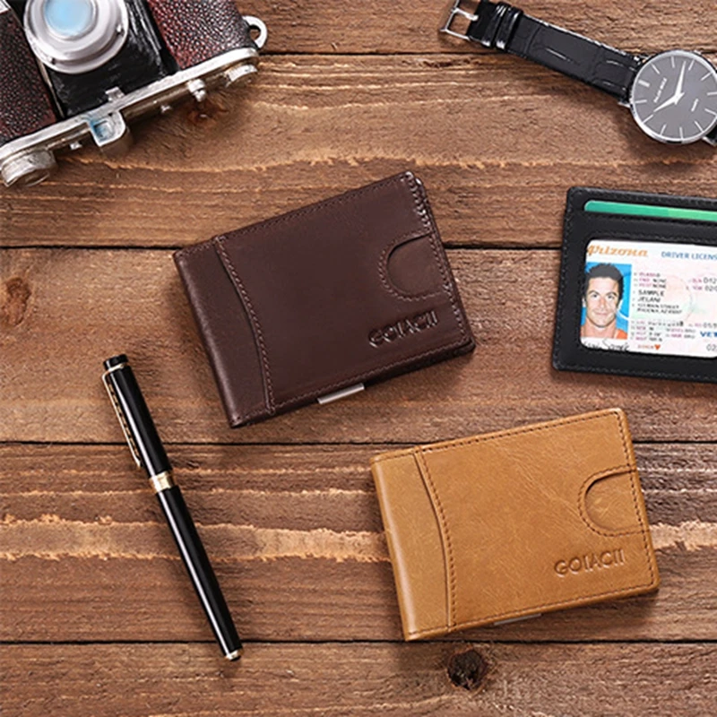 2022 new men's ultra-thin wallet top layer cowhide dollar clip RFID European and American casual wallet spot Men Credit Card Box