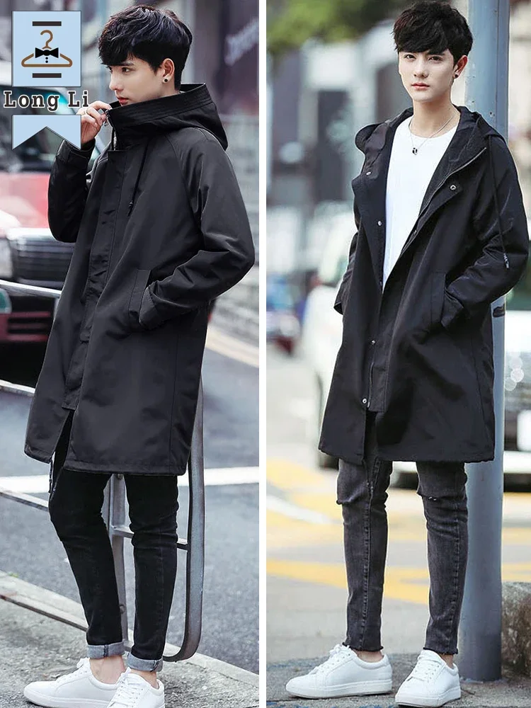 Spring Autumn Long Trench Coat Men Fashion Hooded Windbreaker Black Overcoat Casual Jackets Big Size 6XL 7XL 8XL
