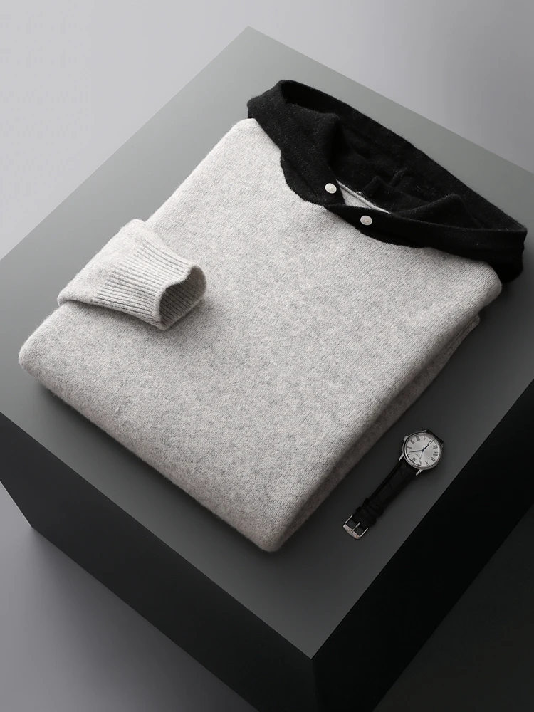 ADDONEE Men Hooded Pullover Cashmere Sweater Autumn Winter 100% Merino Wool Knitwear Smart Casual Sweater Korean Fashion Tops 5