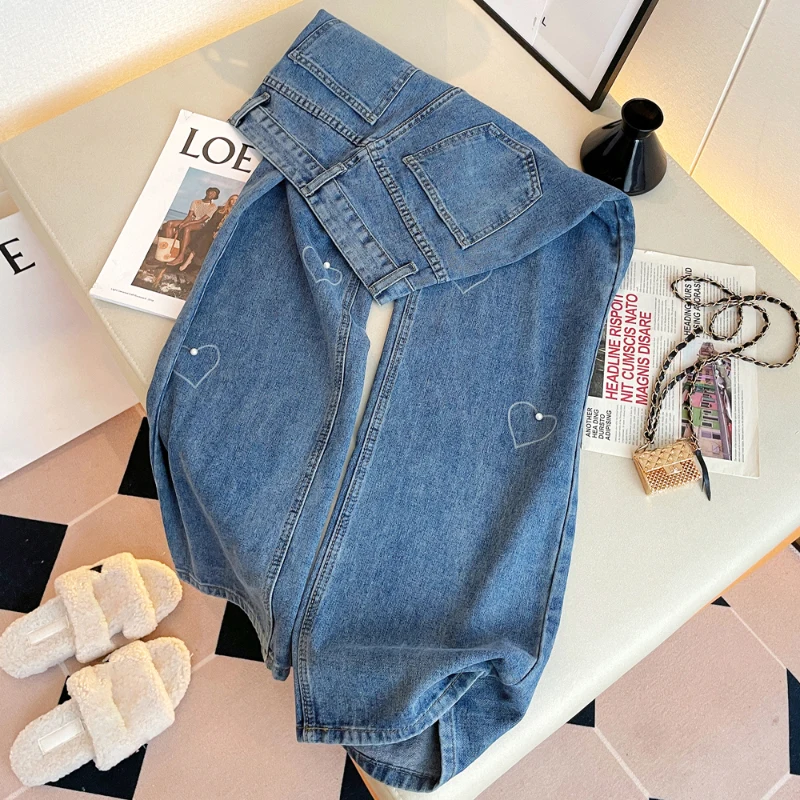 Women's Denim Pants Korean Style Solid Color High Waist Ankle-Length Straight Wide Leg Jean Pant for 18-24 Years Old