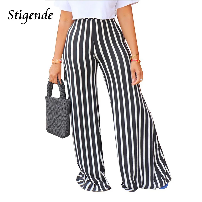 

Women Loose Fit Striped Wide Leg Pants Female Solid Color Long Trousers Streetwear Summer Casual Elastic Waist Straight Pants