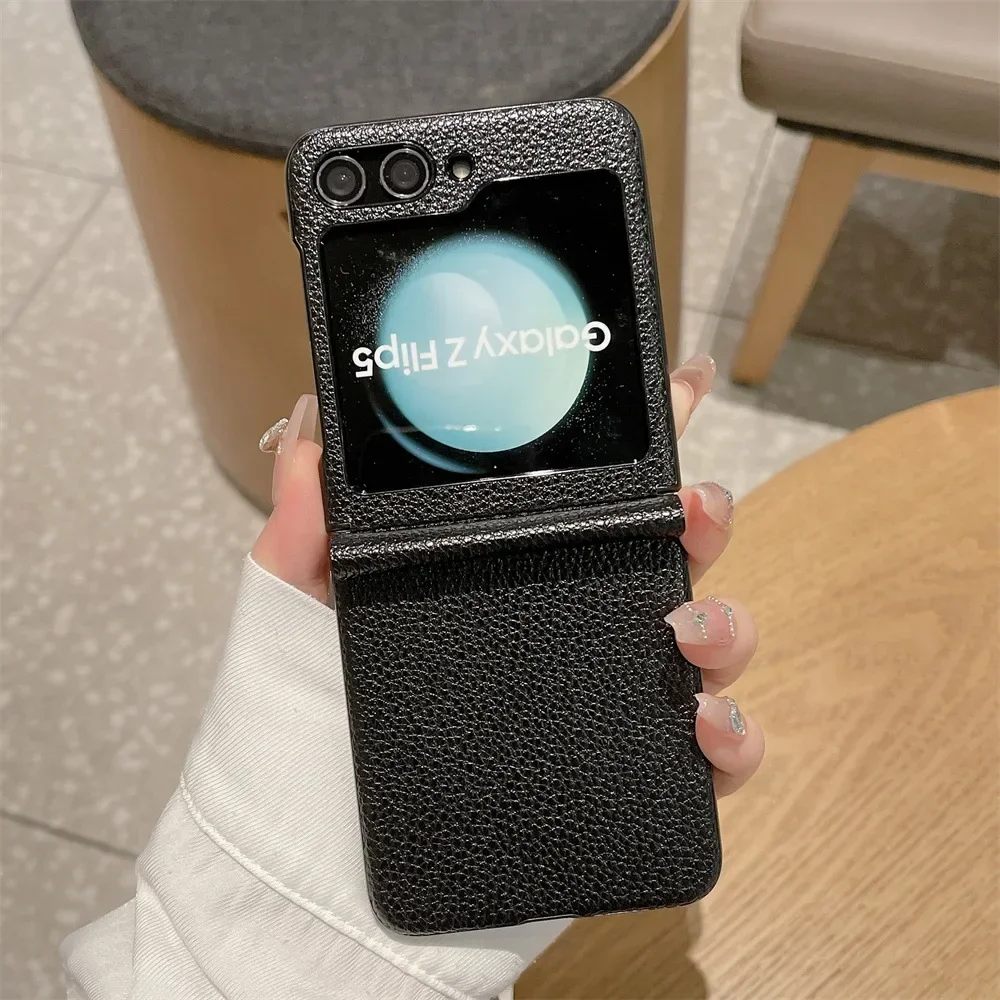 Luxury Leather Cases For Samsung Galaxy Z Flip5 Phone Case Lychee Pattern Fold Shell Anti-Knock All-Inclusive Z-Flip5 Cover