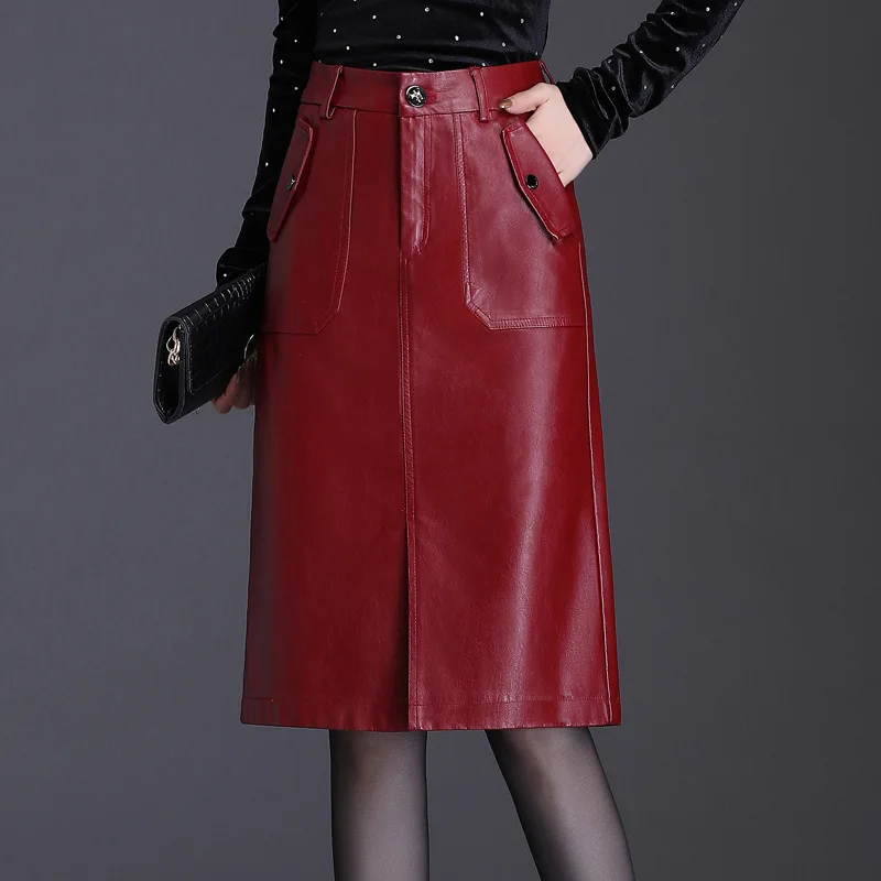 

2024 Women's Mid-Length Leather Skirt Autumn New High Waist Slimming Slim Sheath Split PU Leather Skirt