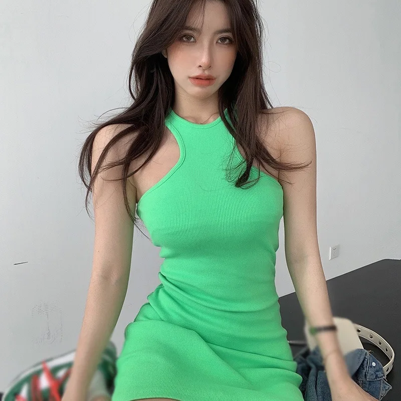 여성용 홀터 원피스 O넥 민소매 탱크 원피스, 캐주얼 힙랩, 타이트한 핏, 핫 걸 스트리트웨어, 단색, 여름