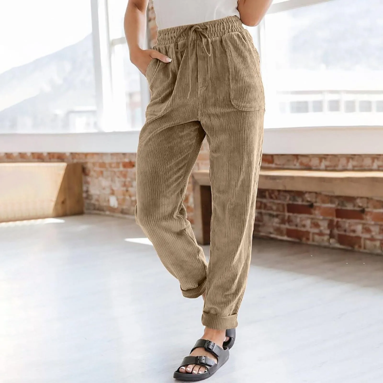 

Vintage Women Corduroy Pants Drawstring Female Straight Long Pants Solid Color Retro Pocket Trousers